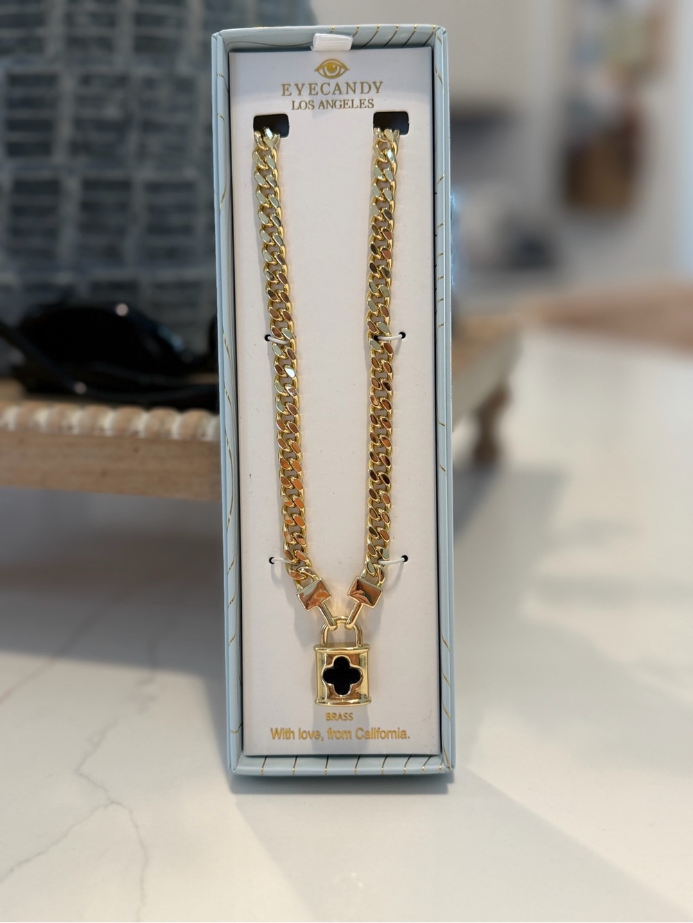 eye candy Gold-Tone Curb Necklace with Black Clover Pendant
